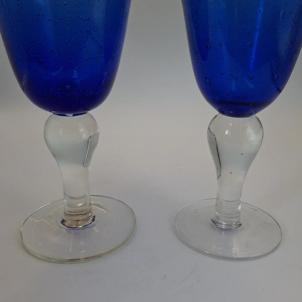 Pair Hand Blown Cobalt Blue Bubble Glass Goblets Clear Stem 8.5